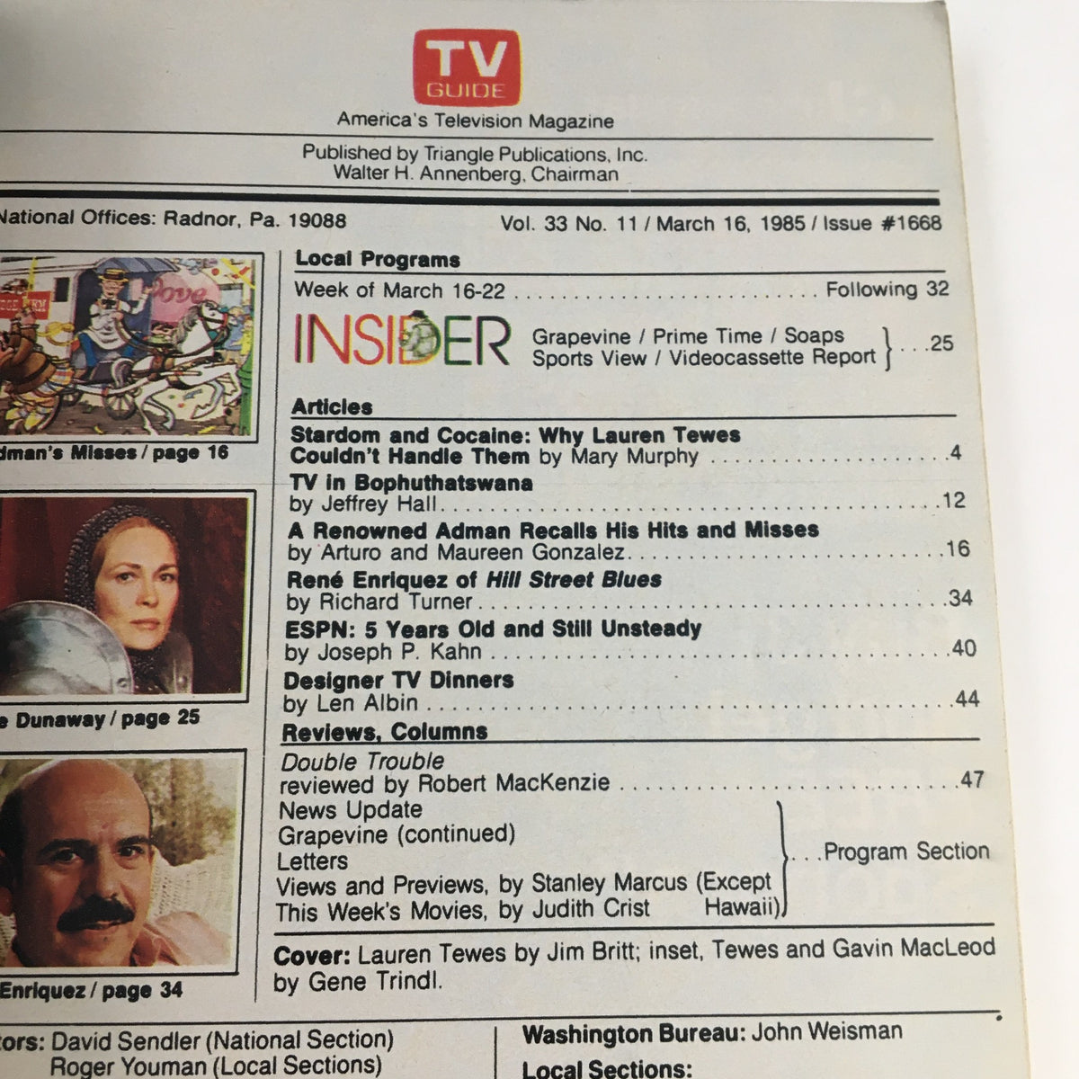 Inside page of TV Guide Magazine March 16 1985 detailing articles and features, including a cover story on Lauren Tewes.