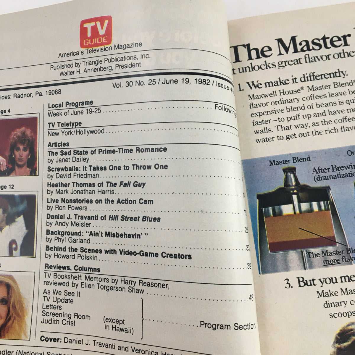 Inside page of TV Guide Magazine June 19, 1982, displaying local program listings and articles, including features on Daniel J. Travanti from Hill Street Blues.