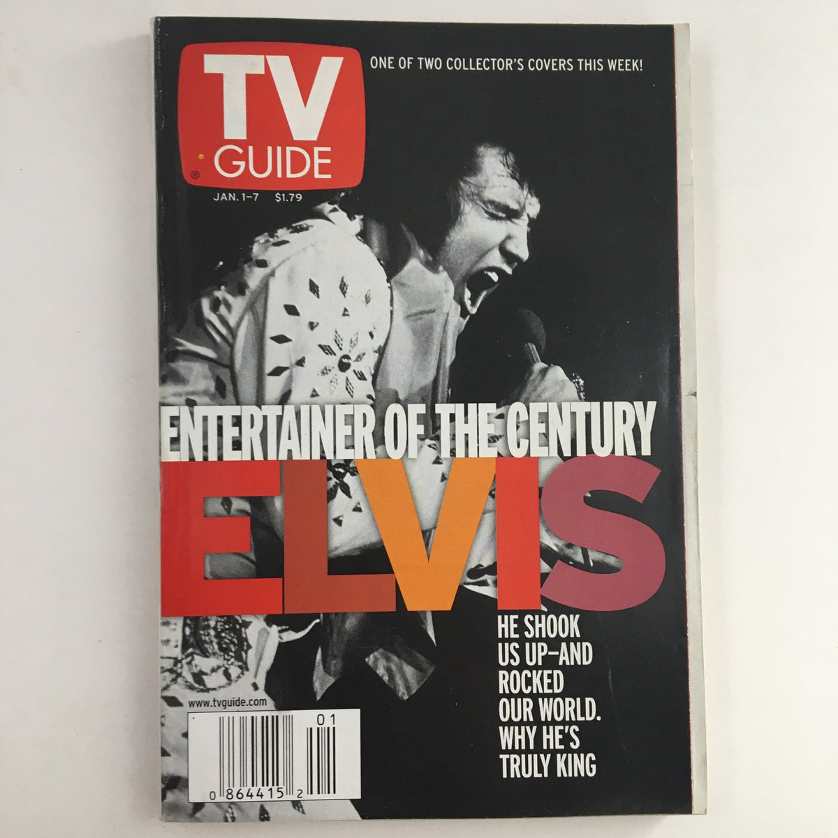 Cover of TV Guide Magazine January 1 2000 featuring Elvis Presley, labeled as 'Entertainer of the Century'. The cover highlights Elvis's impact on music and culture.