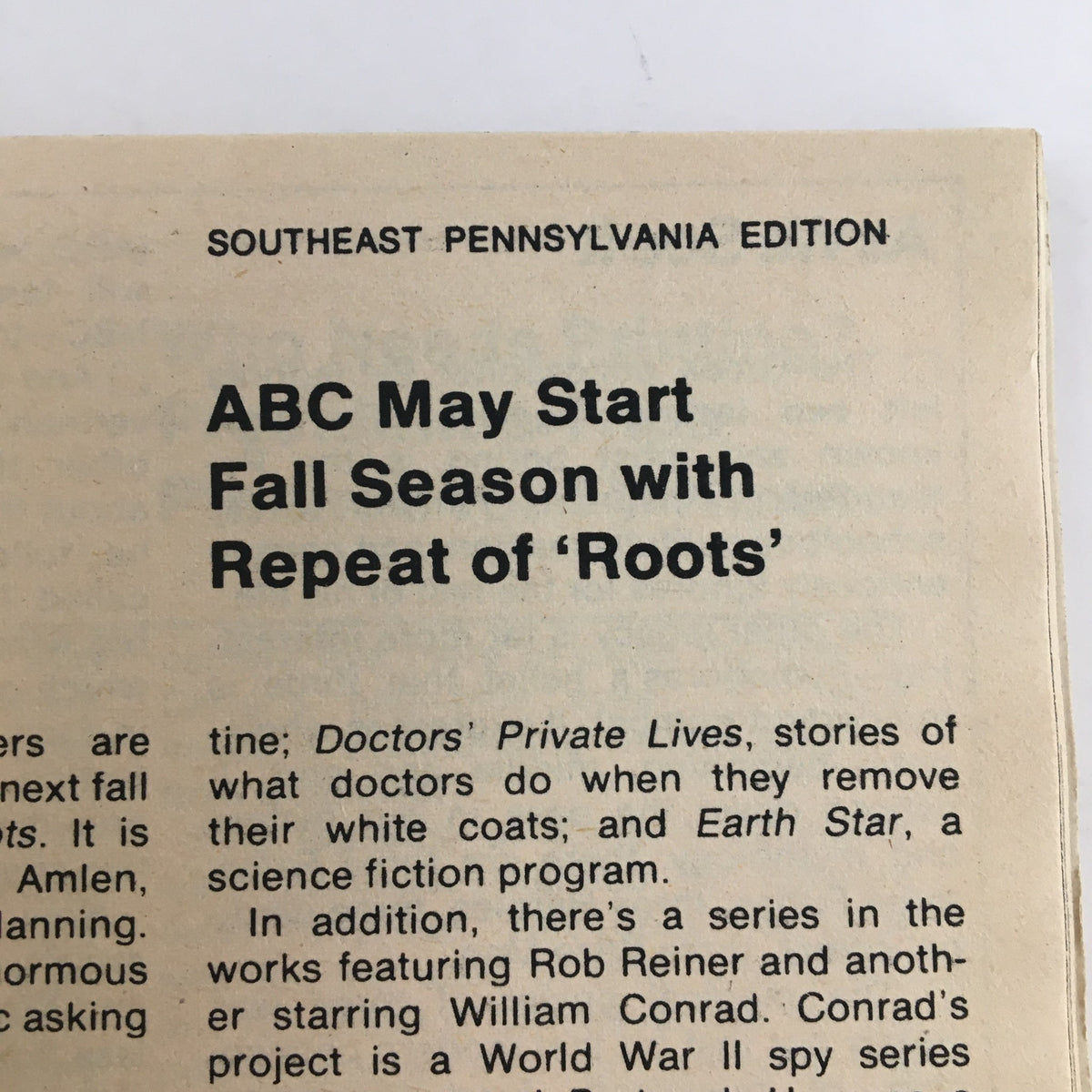 Southeast Pennsylvania Edition of TV Guide Magazine, featuring an article titled 'ABC May Start Fall Season with Repeat of Roots' discussing upcoming television programs and culturally significant media from April 15, 1978.