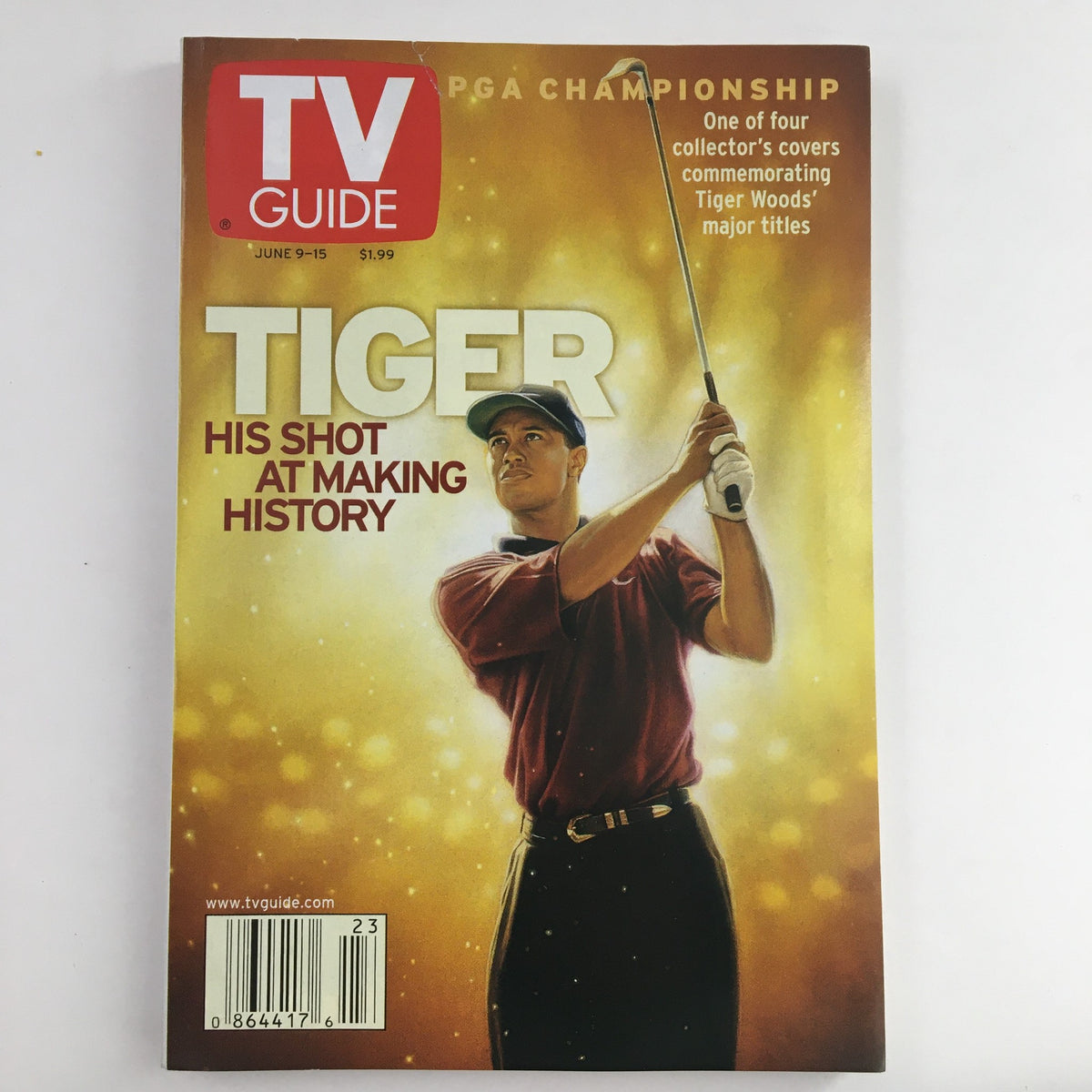 TV Guide Magazine cover from June 9, 2001, featuring Tiger Woods, with the headline 'Tiger: His Shot at Making History' showcasing the legendary golfer.