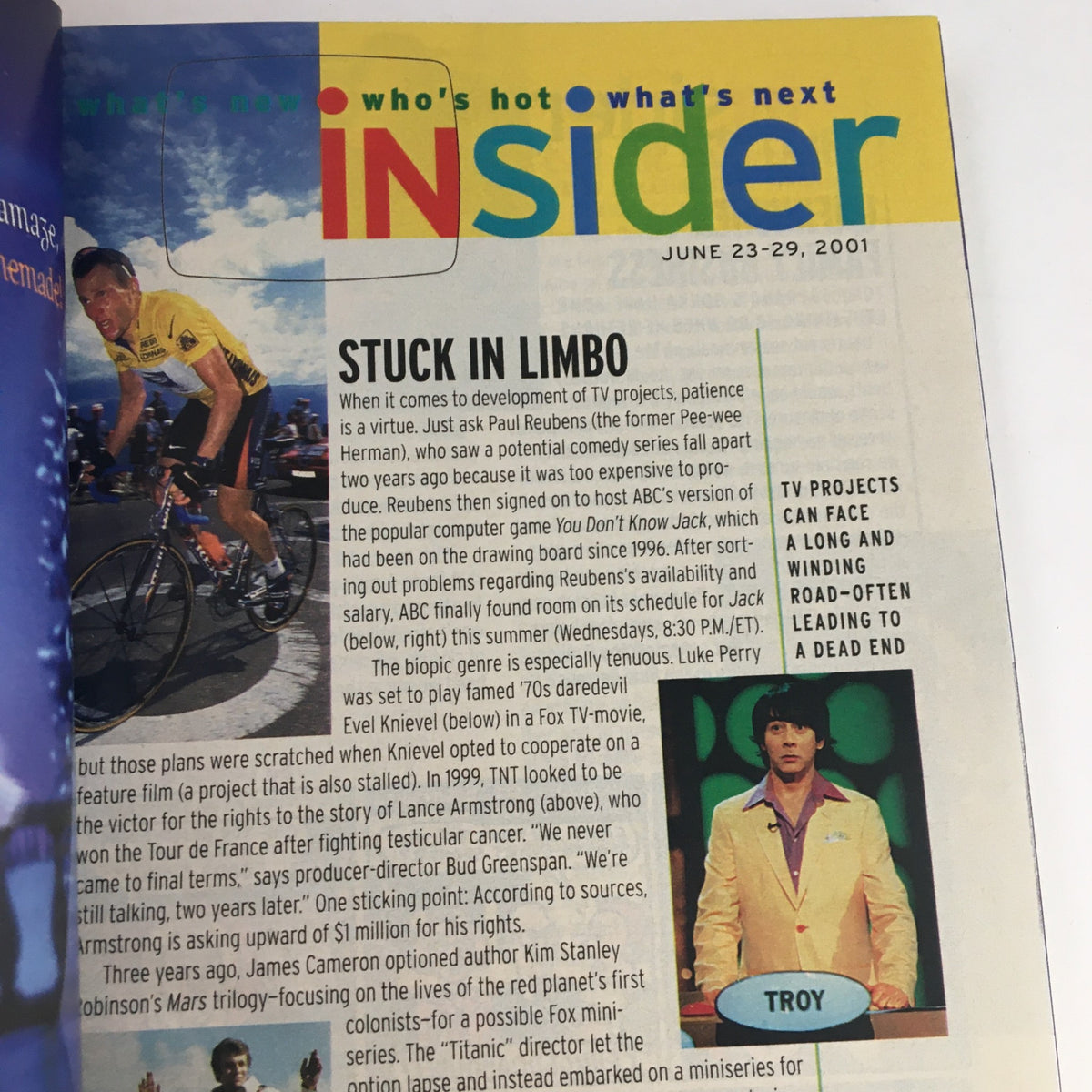 Inside page of TV Guide Magazine June 23 2001, showcasing the INsider column discussing upcoming TV projects and the entertainment landscape of the time.