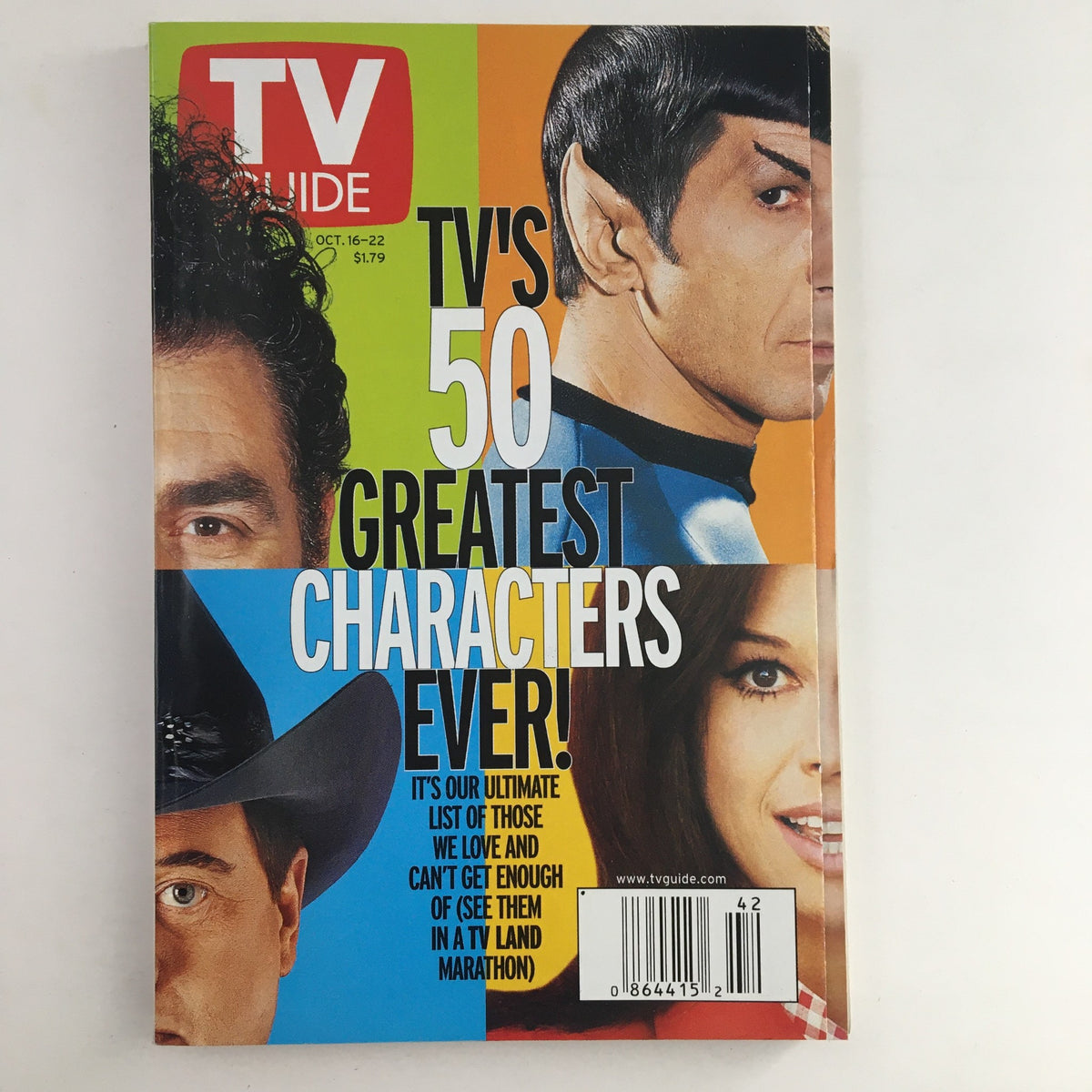 TV Guide Magazine cover from October 16, 1999 featuring 'TV's 50 Greatest Characters Ever!' with colorful design and iconic character references, celebrating beloved television characters.