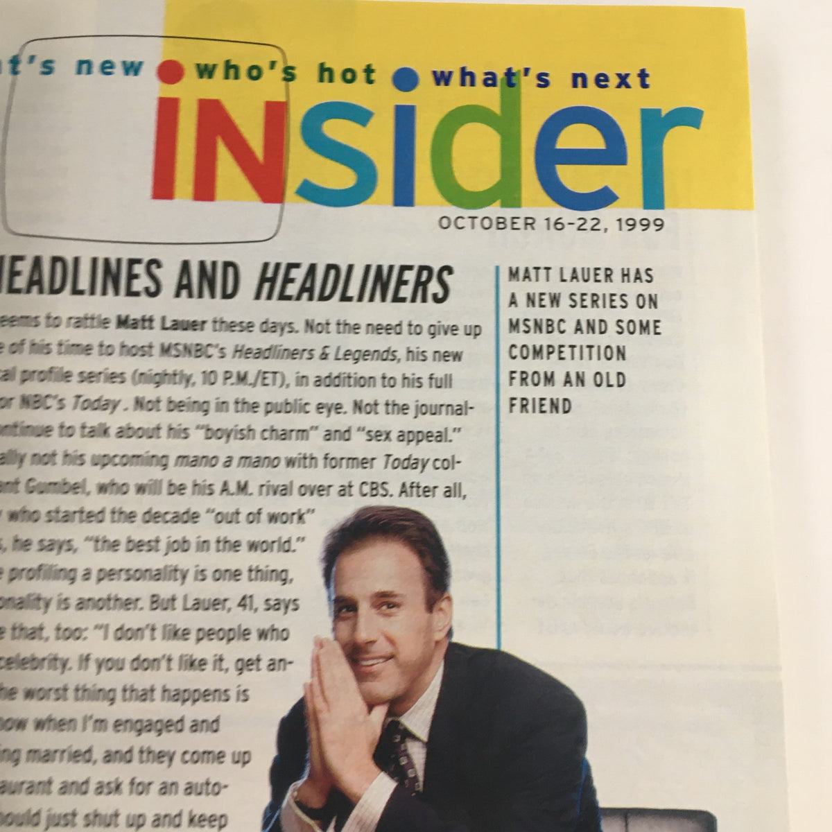 Inside page of the TV Guide Magazine from October 16, 1999, featuring a segment on Matt Lauer and his new series 'Headliners & Legends' on MSNBC, highlighting television news personalities.