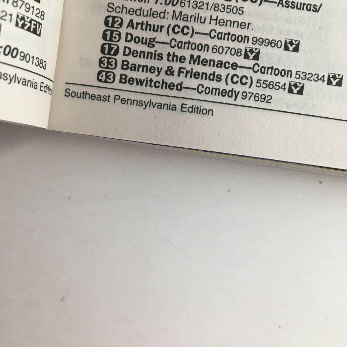Inside page of TV Guide Magazine October 16 1999 featuring scheduled TV shows including Arthur, Doug, Dennis the Menace, Barney & Friends, and Bewitched. This Southeast Pennsylvania Edition showcases beloved characters and programming highlights.