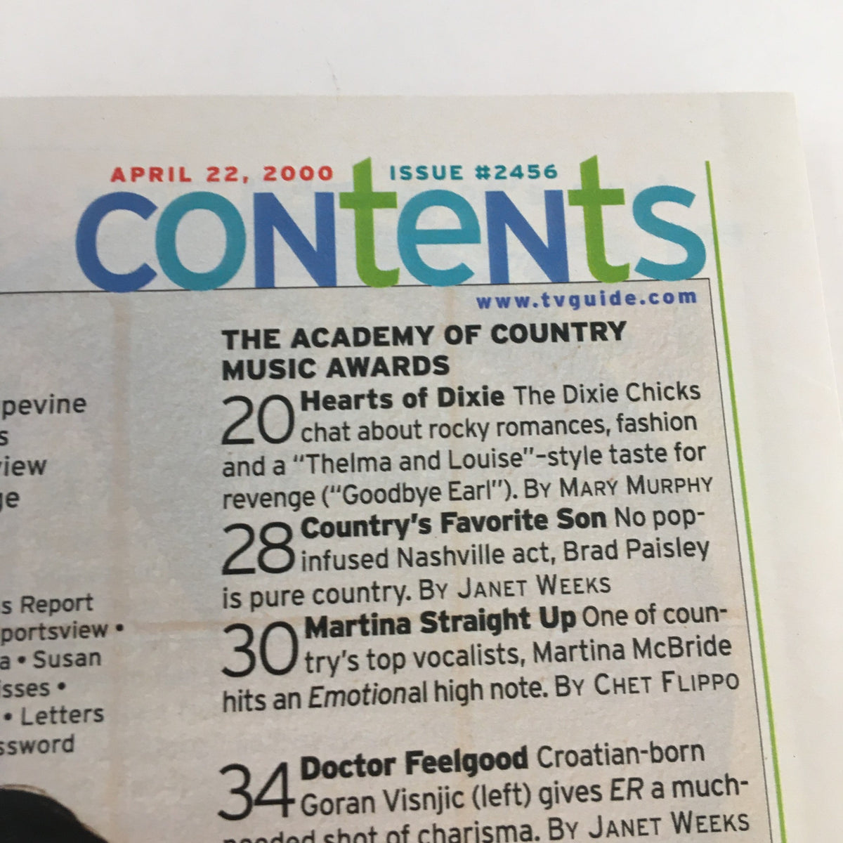 Contents page of TV Guide Magazine April 22, 2000, highlighting articles related to the Dixie Chicks and the Academy of Country Music Awards.