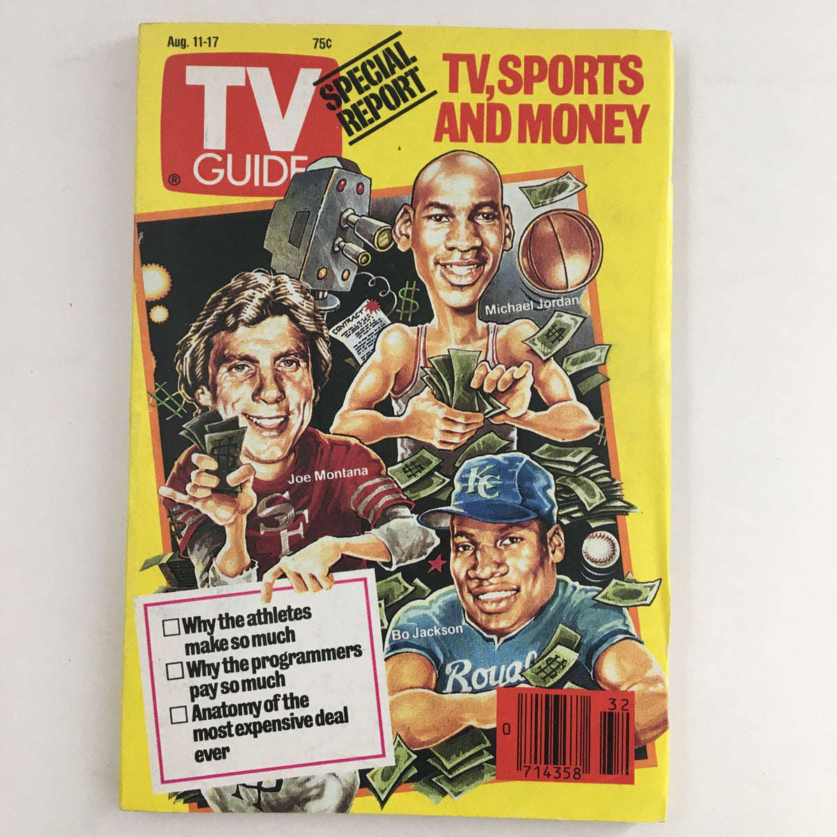 TV Guide Magazine August 11 1990 featuring Michael Jordan, Bo Jackson, and Joe Montana on the cover, highlighting 'TV, Sports, and Money' special report.