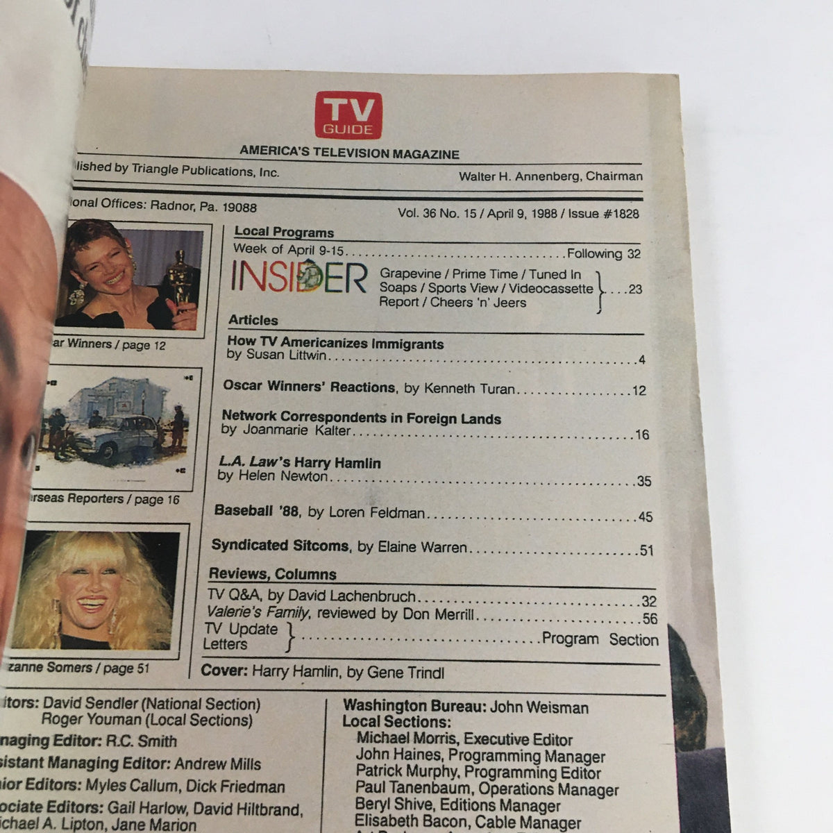 Inside page of TV Guide Magazine April 9 1988 detailing articles including L.A. Law's Harry Hamlin and programs scheduled for the week.