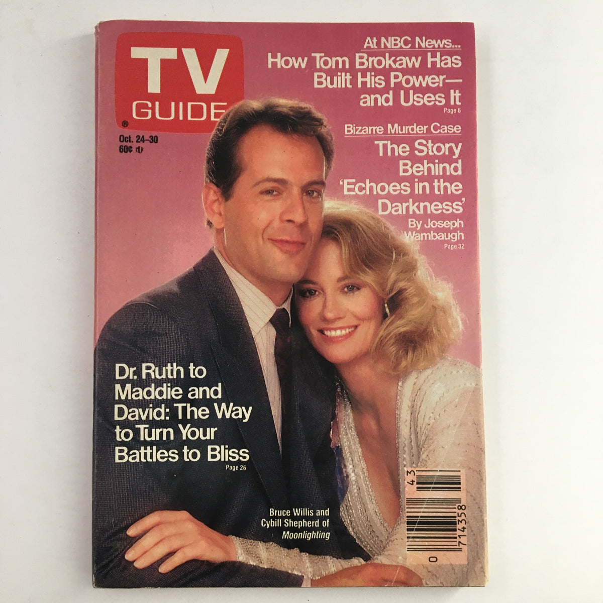 Cover of TV Guide Magazine dated October 24, 1987, featuring Bruce Willis and Cybill Shepherd, highlighting their roles in 'Moonlighting'.