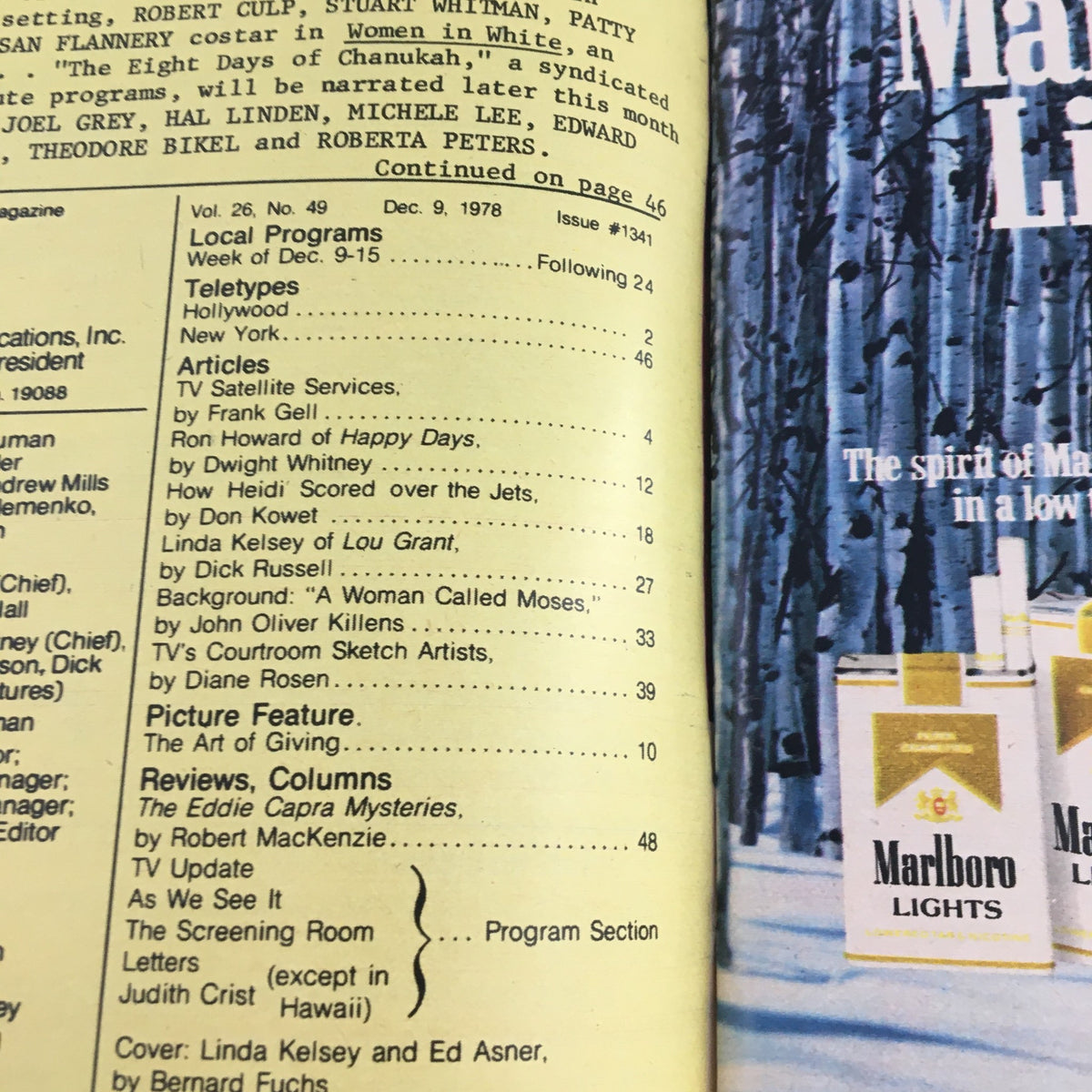 Inside page of TV Guide Magazine December 9 1978 with program listings and articles, highlighting Linda Kelsey and Ed Asner's roles in Lou Grant.