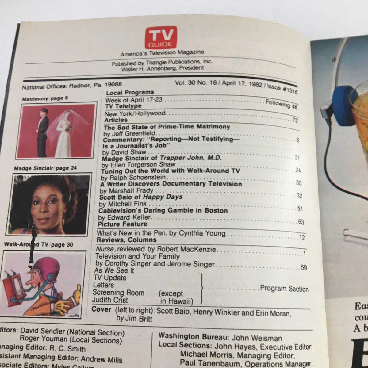 Inside view of TV Guide Magazine April 17 1982 showing table of contents including highlights about shows and articles related to prime-time television.