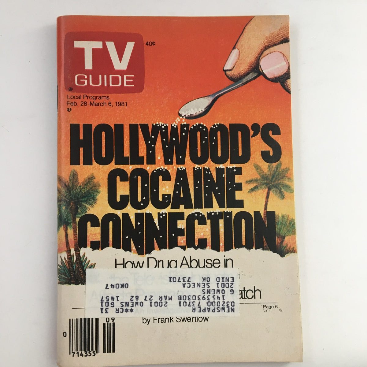 Cover of TV Guide Magazine February 28, 1981 featuring the headline 'Hollywood's Cocaine Connection' and an image related to drug abuse.