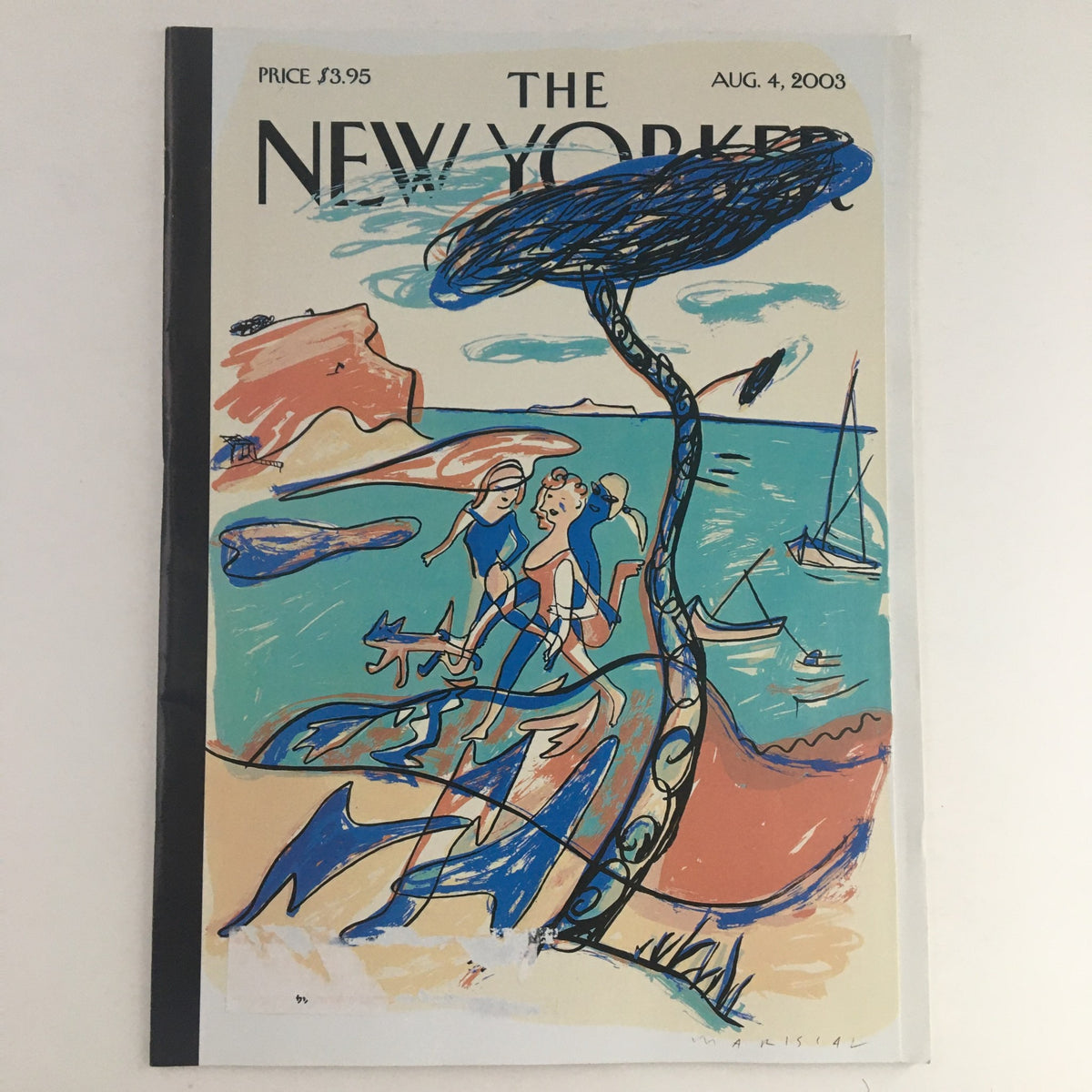 The New Yorker Full Magazine August 4, 2003 cover featuring a vibrant illustration by Javier Mariscal depicting the Mediterranean Sea, showcasing cultural elements of the region.