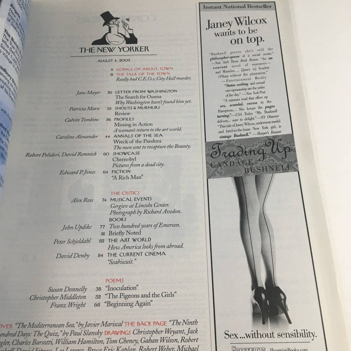 Inside page of The New Yorker Full Magazine August 4, 2003 displaying a list of contributors and featured articles, highlighting the magazine's literary and artistic content.