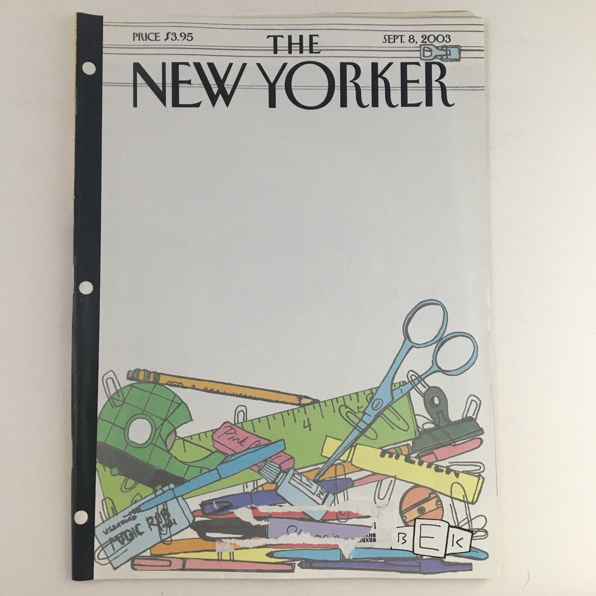 The New Yorker Full Magazine September 8 2003 cover featuring colorful stationery and tools for the story 'In The Bag' by Eric Kaplan.