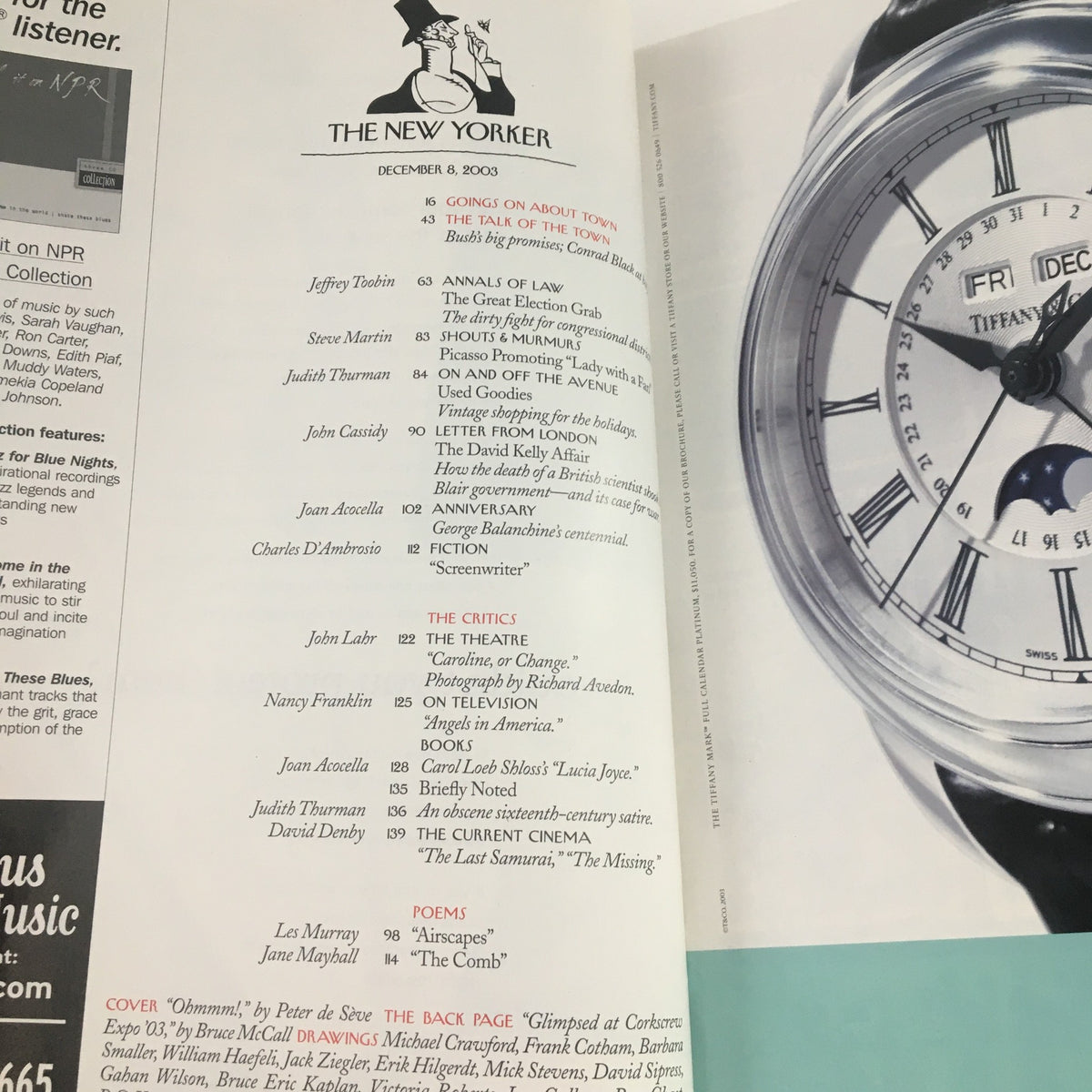 Interior page of The New Yorker Full Magazine December 8 2003, displaying the table of contents with listings for articles, critics, and poems.