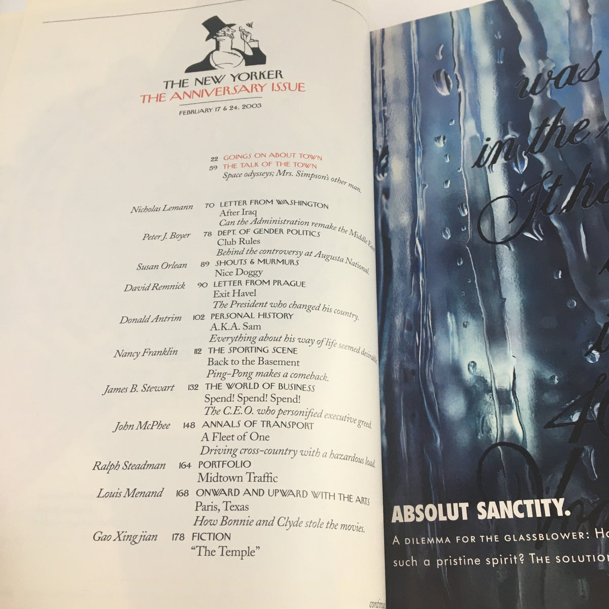 Inside spread of The New Yorker Full Magazine February 17 2003 showcasing various article headings and content from the anniversary issue.