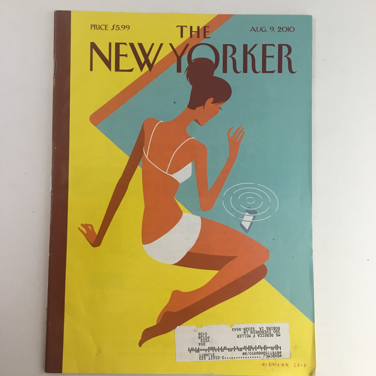 The New Yorker August 9 2010 Full Magazine Cover featuring a colorful illustration by Christoph Niemann, depicting a woman in a swimsuit sitting elegantly.