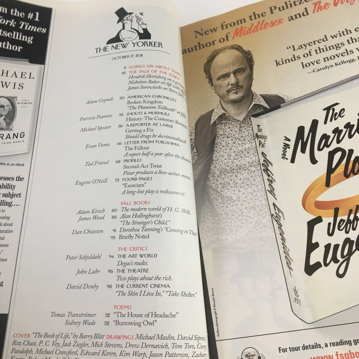 Interior page of The New Yorker magazine, October 17, 2011, showcasing the table of contents including articles and illustrations related to the tribute to Steve Jobs.