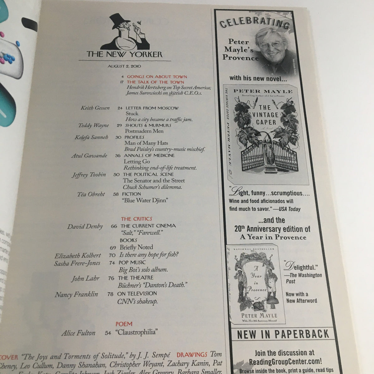 Inside pages of The New Yorker August 2, 2010 magazine featuring articles and advertisements related to literature and cinema, celebrating Peter Mayle's work and contributing to its cultural significance.