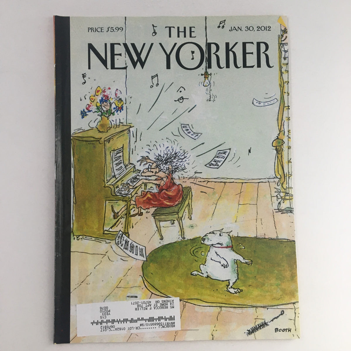 The New Yorker Full Magazine January 30 2012 featuring whimsical cover art by George Booth, depicting a character at a piano with a dog, capturing the essence of winter blues.
