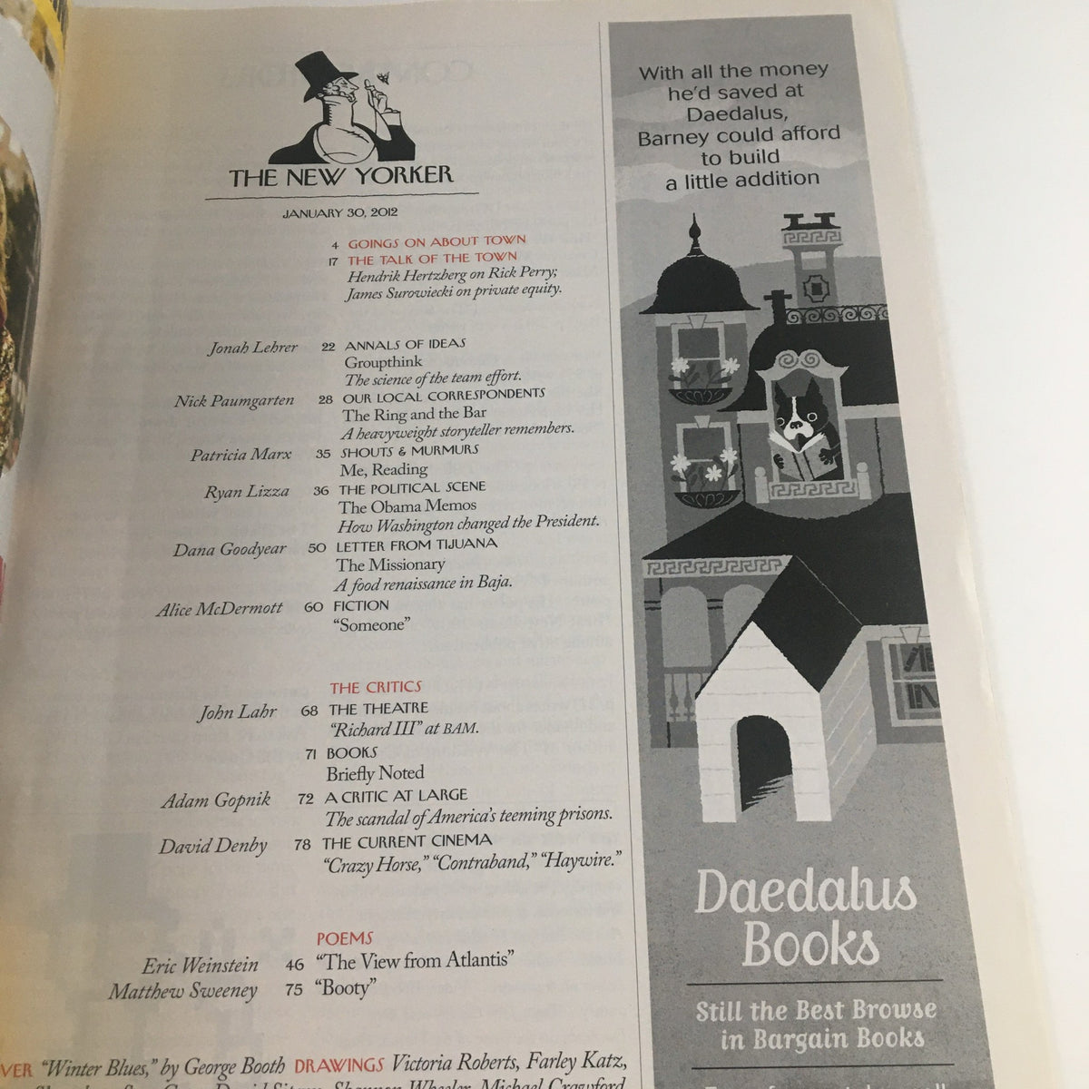 Interior page of The New Yorker magazine dated January 30, 2012, featuring the title 'THE NEW YORKER', table of contents listing articles, and an advertisement for Daedalus Books. This vintage magazine issue illustrates the editorial style of The New Yorker, highlighting notable contributors and works for the winter edition.