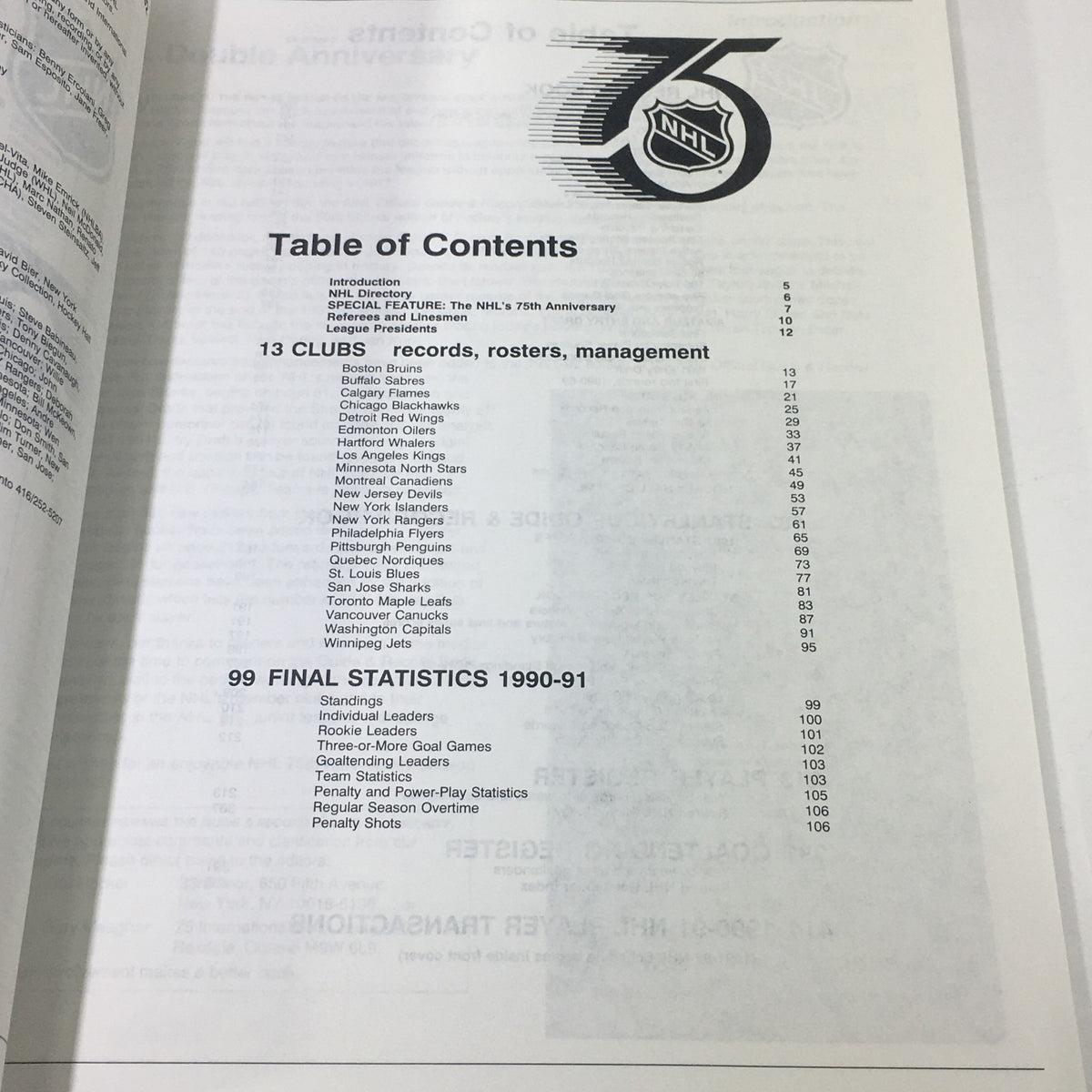 Table of Contents from the VTG NHL Official Guide & Record Book 1991-1992, detailing clubs' records, rosters, management, and final statistics for the 1990-91 NHL season.