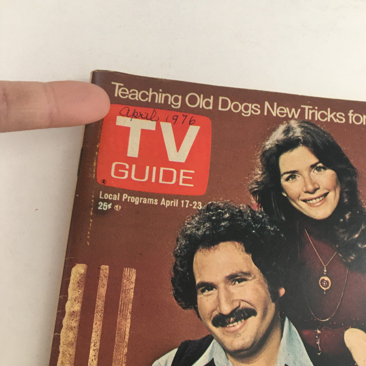 Close-up of TV Guide Magazine April 17 1976 with an emphasis on the cover text and illustrations, highlighting Gabriel Kaplan and Marcia Strassman.