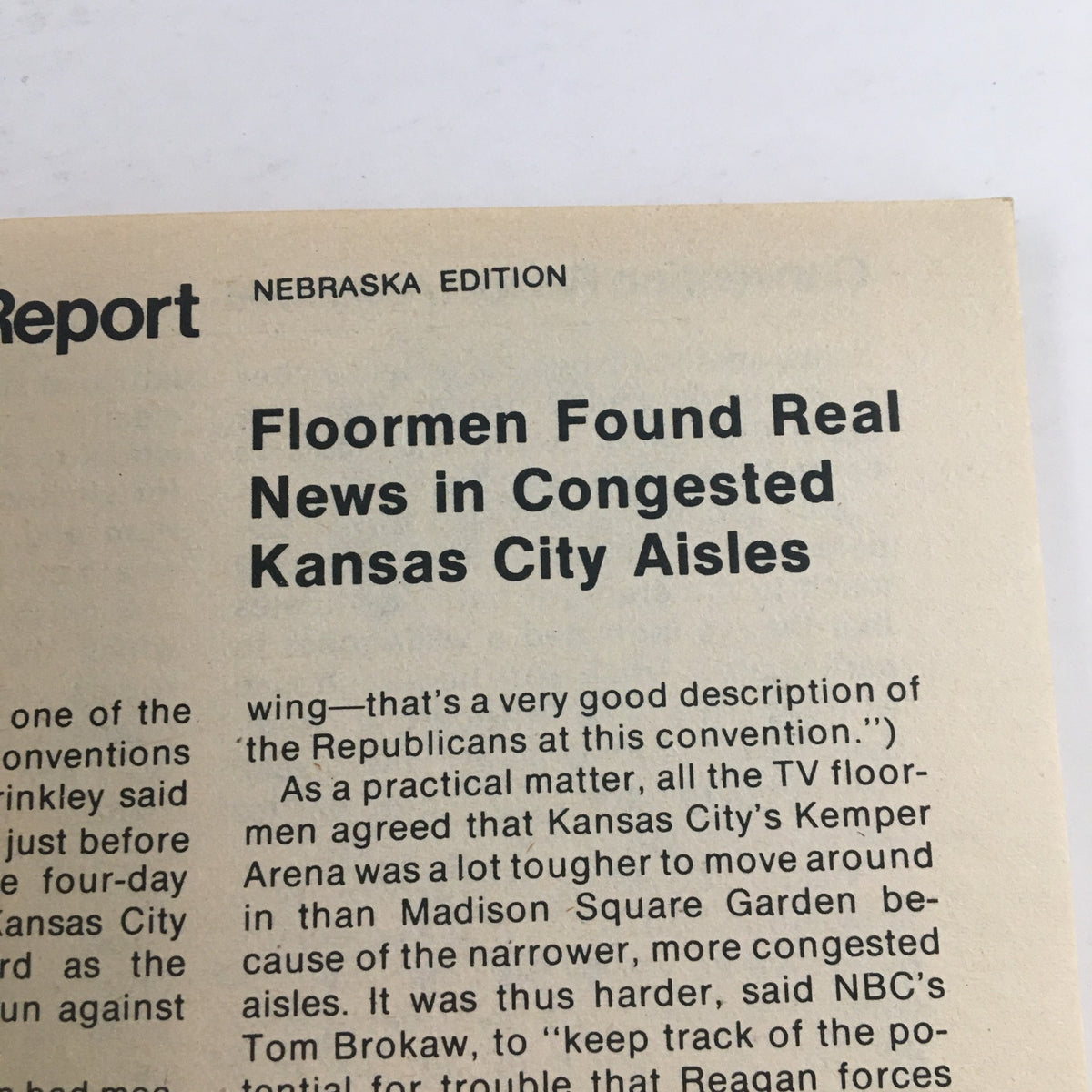 Inside page of TV Guide Magazine August 28, 1976 featuring an article titled 'Floormen Found Real News in Congested Kansas City Aisles' with 'NEBRASKA EDITION' header, highlighting coverage from major events relevant to the Bionic Man and television history.