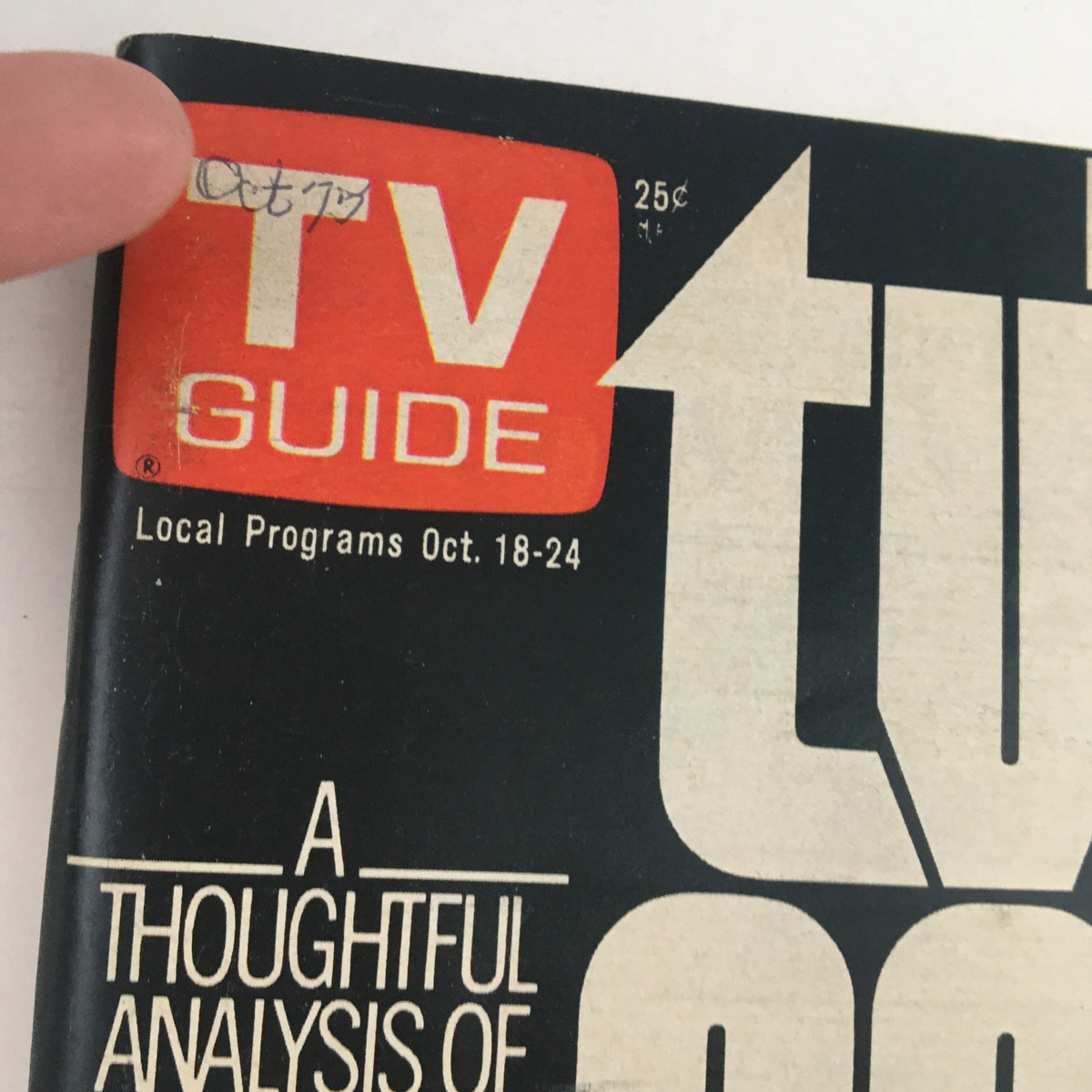 Close-up of the TV Guide Magazine October 18 1975 cover, highlighting the title 'TV's Sex Crisis' and showing local program details.
