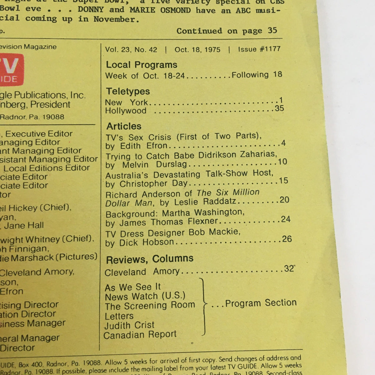 Interior page of TV Guide Magazine October 18 1975 detailing local programs and articles, prominently featuring a piece on 'TV's Sex Crisis'.