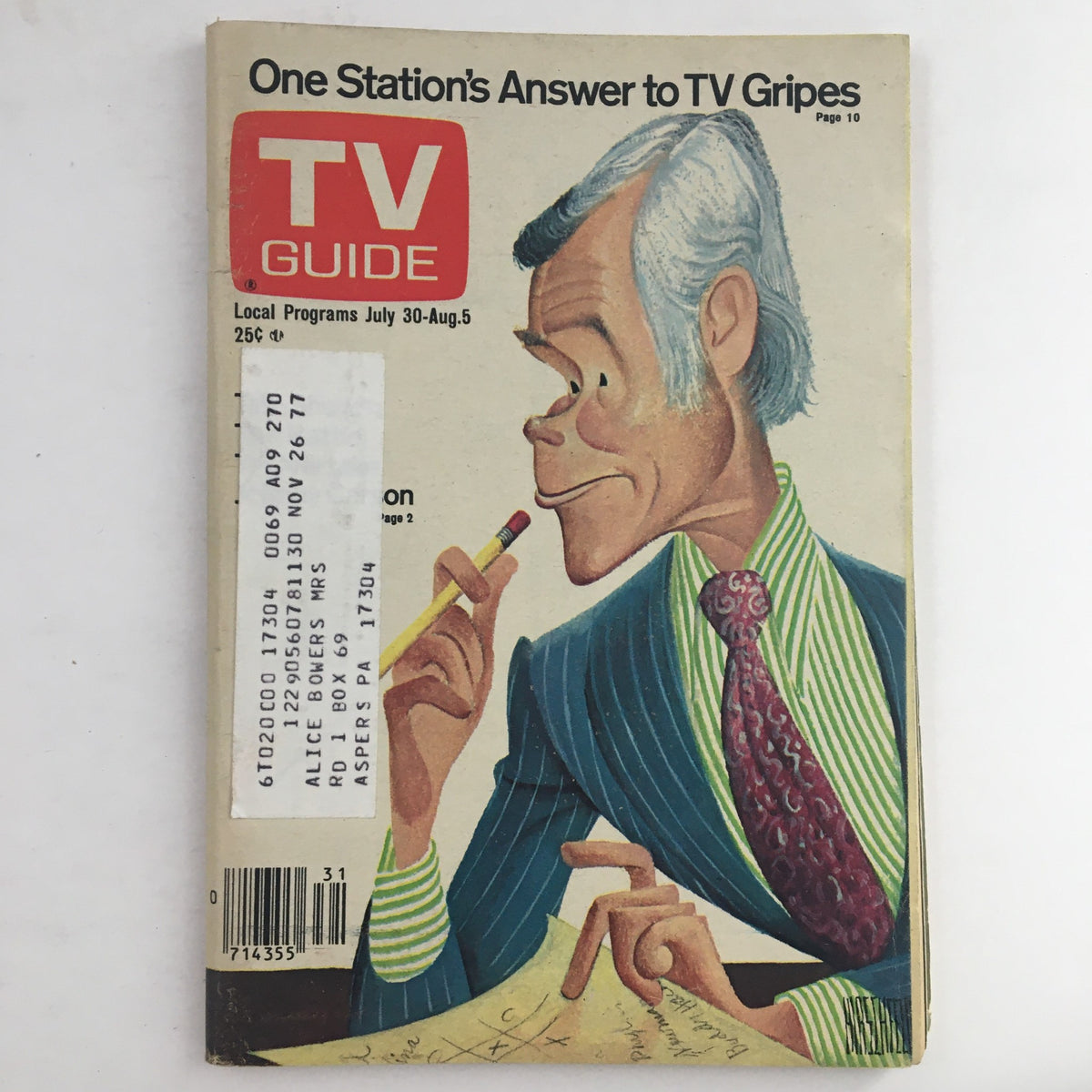 Cover of TV Guide Magazine from July 30, 1977 featuring a colorful illustration of Johnny Carson, highlighting the Washington-Baltimore edition.