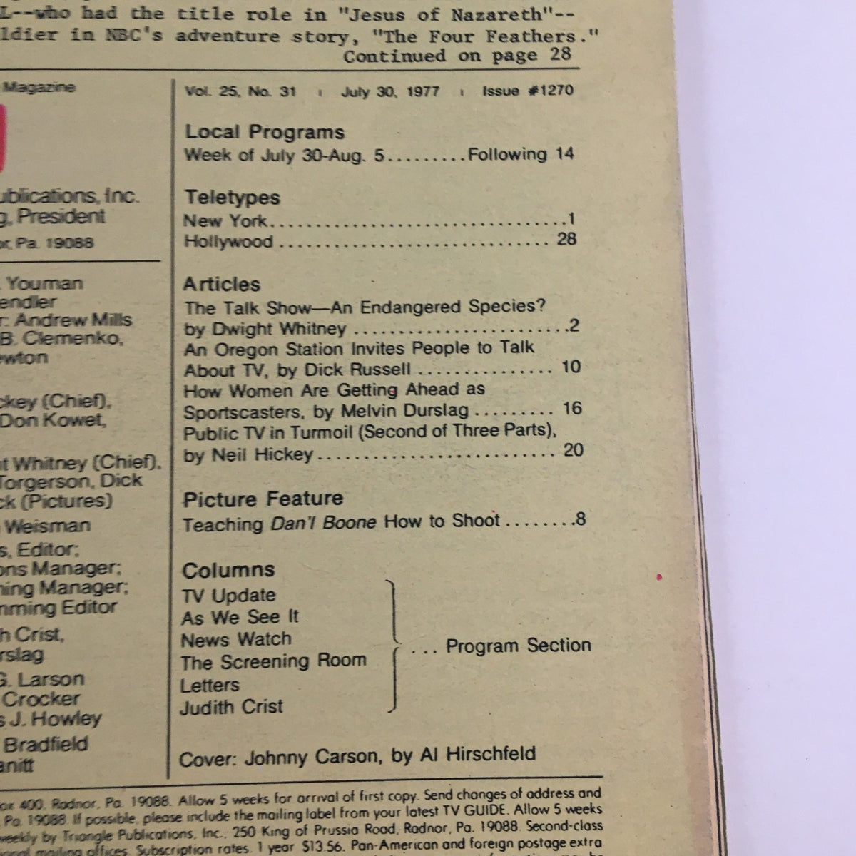 Back cover of TV Guide Magazine, July 30, 1977, displaying the table of contents and notable articles from the issue.