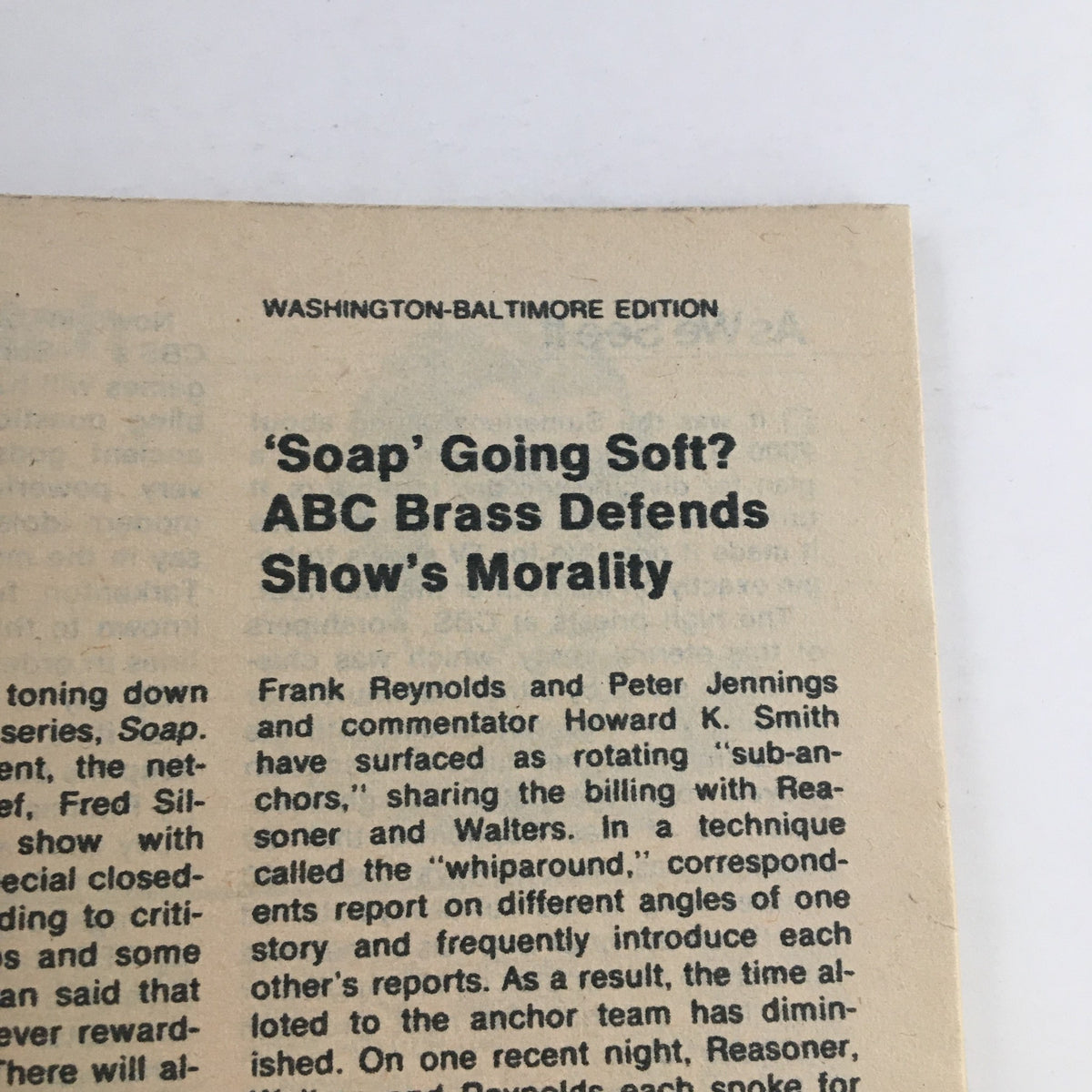 Interior page of TV Guide Magazine from July 30, 1977, showcasing an article titled 'Soap' Going Soft? discussing ABC's television program morality.