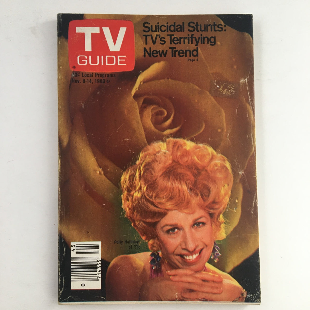 TV Guide Magazine November 8 1980 featuring Polly Holliday on the cover with a rose background and the headline about suicidal stunts in television.