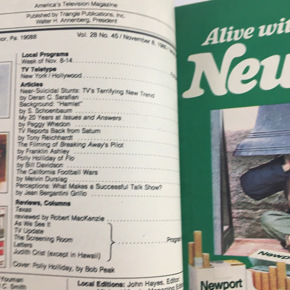 Inside page of TV Guide Magazine November 8 1980 showcasing local program listings and an article featuring Polly Holliday.