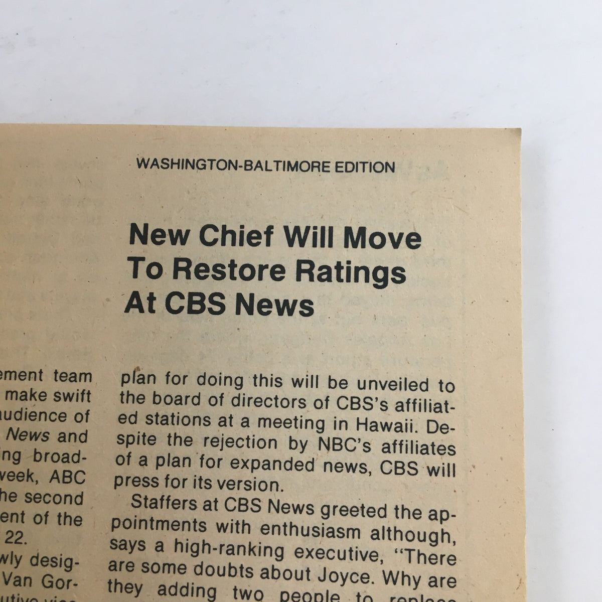 Inside page of the Washington-Baltimore edition of TV Guide Magazine, November 21, 1981, showcasing a news article titled 'New Chief Will Move To Restore Ratings At CBS News'.