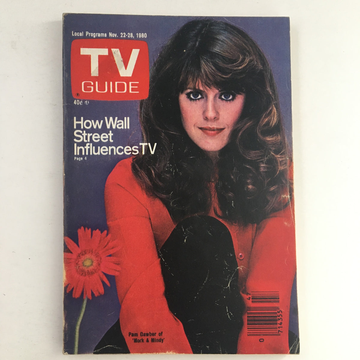 Cover of TV Guide Magazine November 22 1980 featuring Pam Dawber, highlighting her role in 'Mork & Mindy', with a vibrant flower design and informative articles on television.