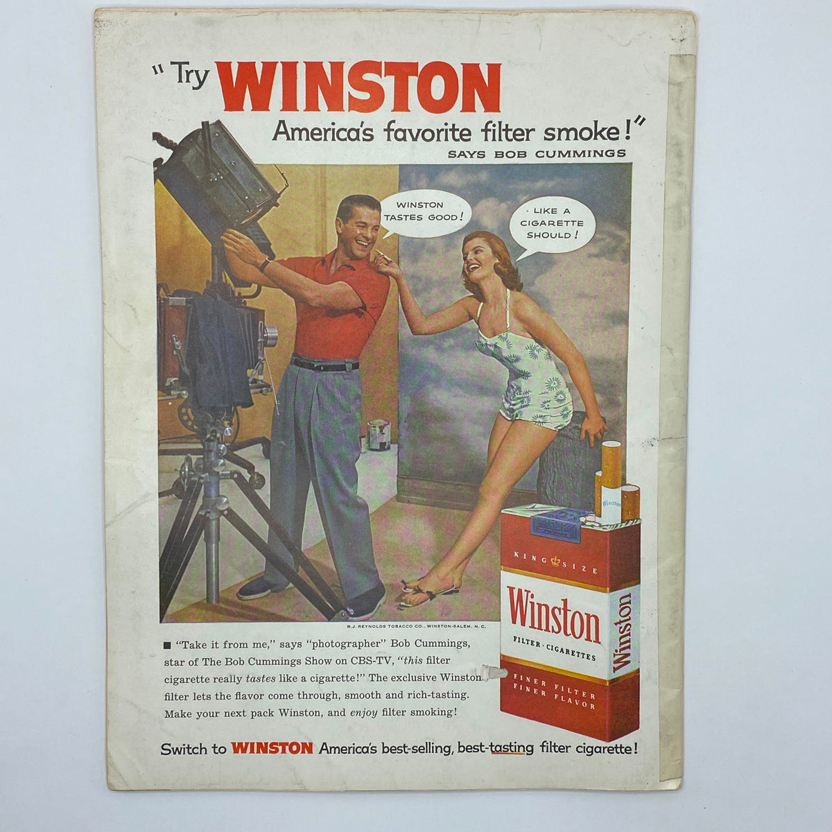 VTG Playboy Magazine February 1957 advertisement for Winston cigarettes featuring a male photographer and a model.