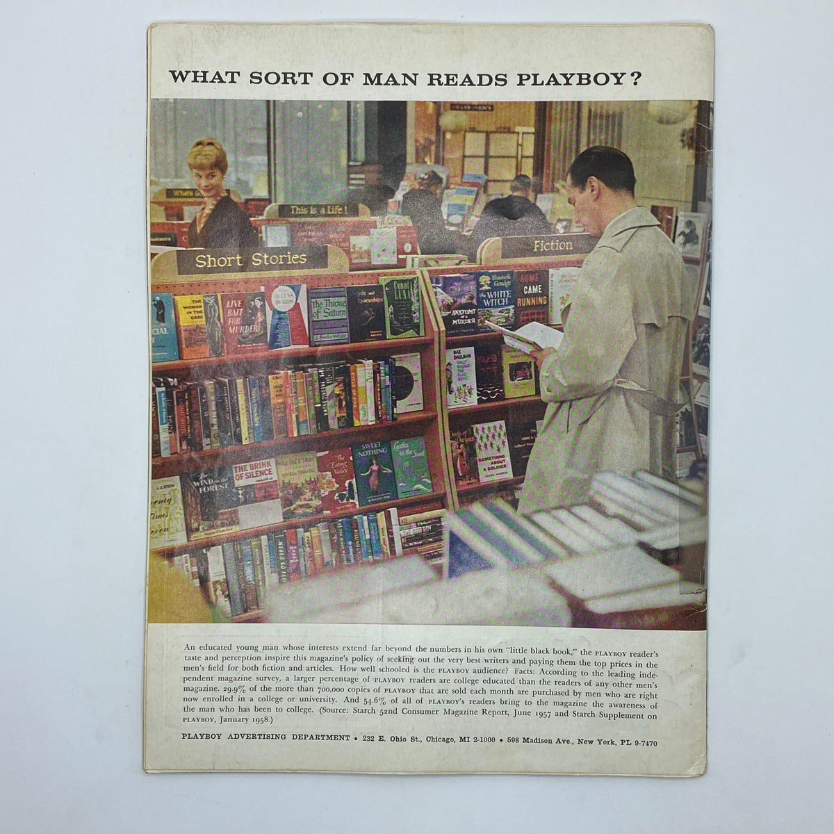 Back cover of the VTG Playboy Magazine June 1958 featuring the headline 'What Sort of Man Reads Playboy?' showcasing a vintage bookshop scene with a man reading, promoting the allure of the June 1958 edition with Playmate June Blair.