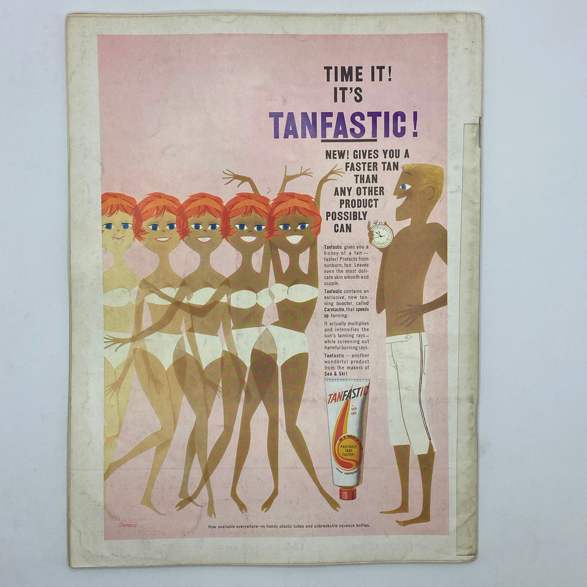 Back cover of VTG Playboy Magazine May 1959 showcasing an advertisement for 'Tanfastic!' tanning product with a colorful illustration.
