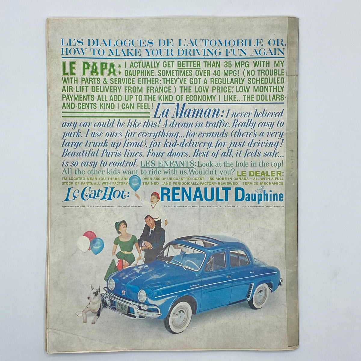 Back cover of VTG Playboy Magazine September 1959 featuring an advertisement for Renault Dauphine with colorful illustrations and text.