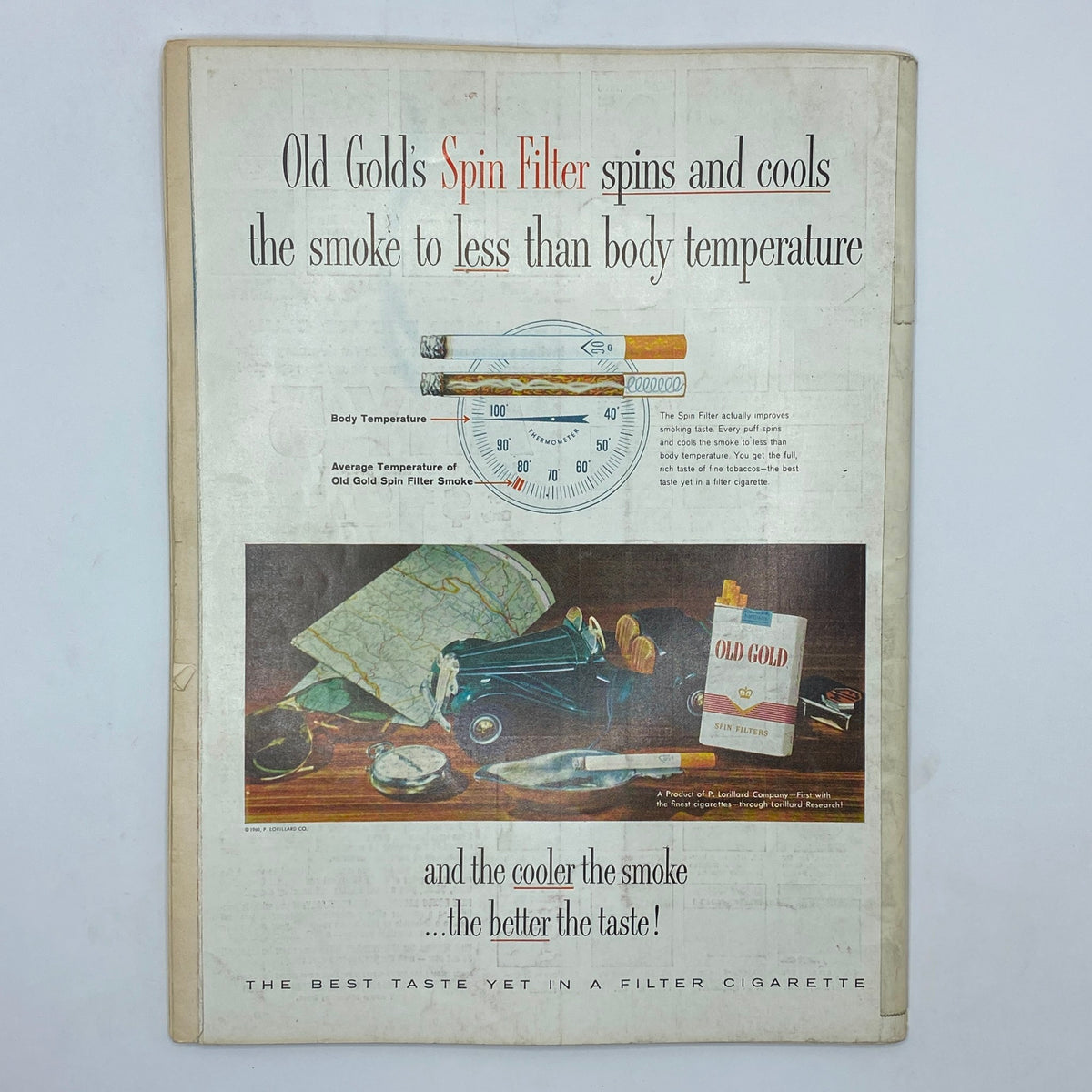 Vintage advertisement featured in VTG Playboy Magazine April 1960 for Old Gold's Spin Filter cigarettes, highlighting the benefits of cooler smoke.
