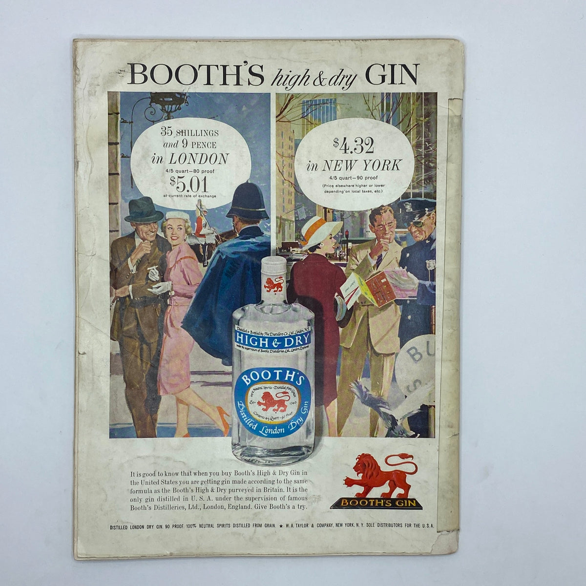 Back cover of VTG Playboy Magazine August 1960, featuring vintage advertisement for Booth's high & dry gin.
