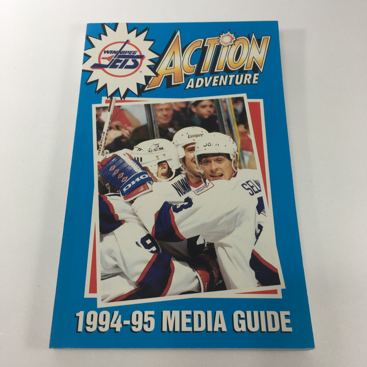 Lot of 6 VTG NHL Official Winnipeg Jets Media Guide & Yearbook 1989 - 1996 displaying the 1994-95 Media Guide cover, featuring Winnipeg Jets players celebrating a goal.