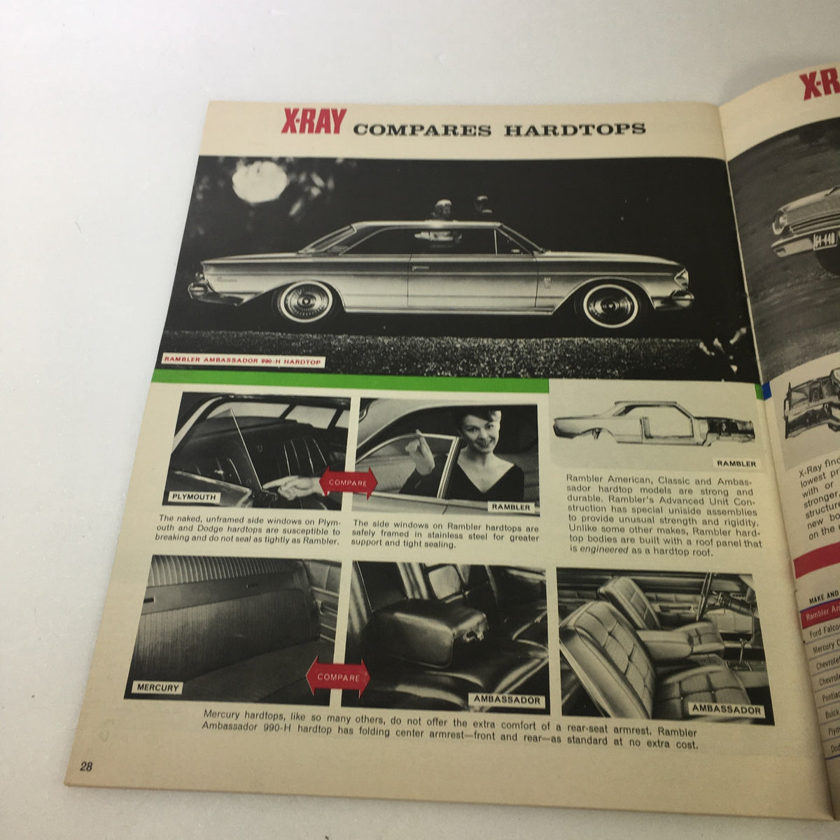 Vintage 1964 X-Ray Rambler Ambassador 990-H brochure page comparing Rambler Ambassador with other hardtops, featuring the classic design and interiors.
