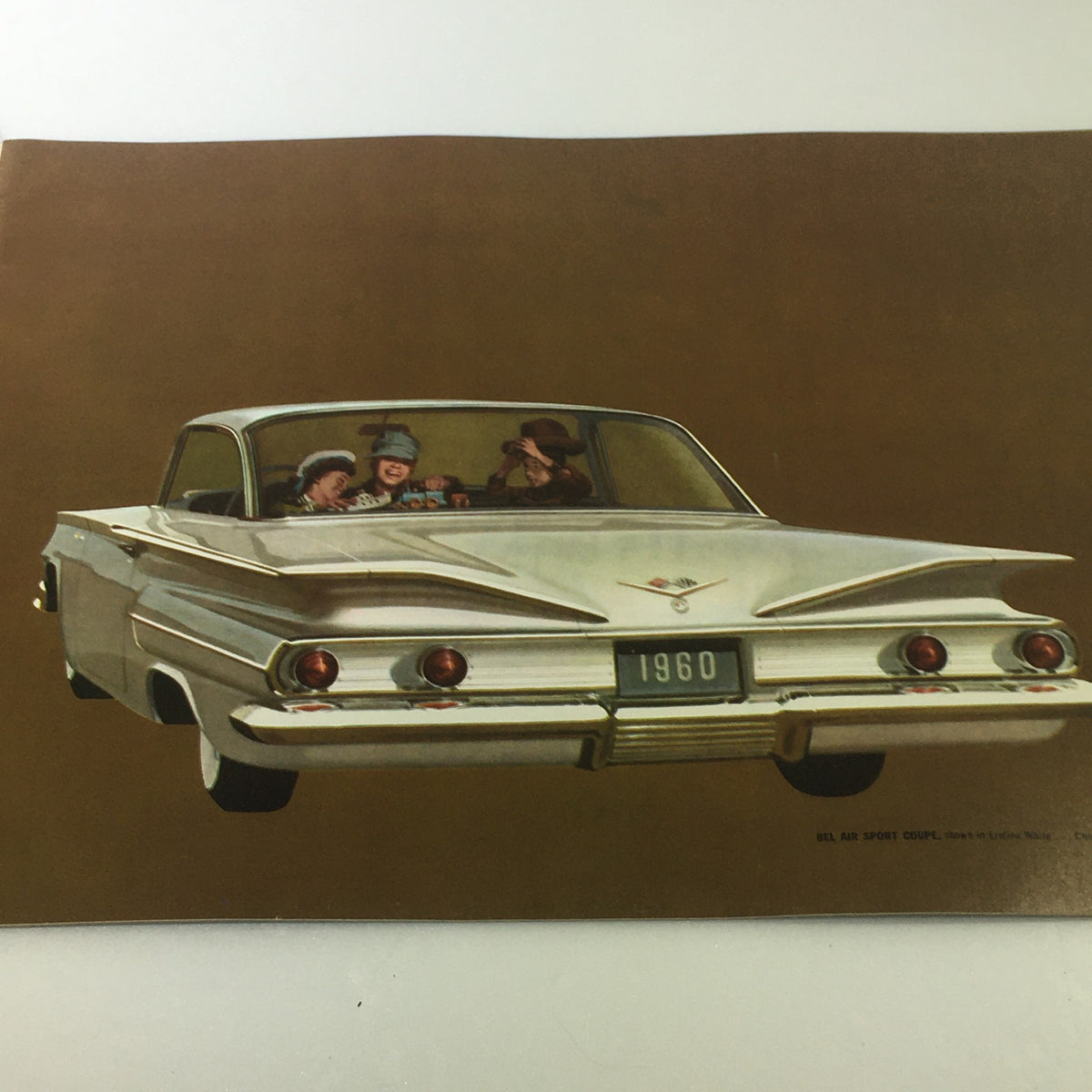 VTG 1960 Chevrolet Space Spirit Splendor Car Auto Brochure interior design with a white Chevrolet model and happy passengers, highlighting vintage 1960s automotive culture.