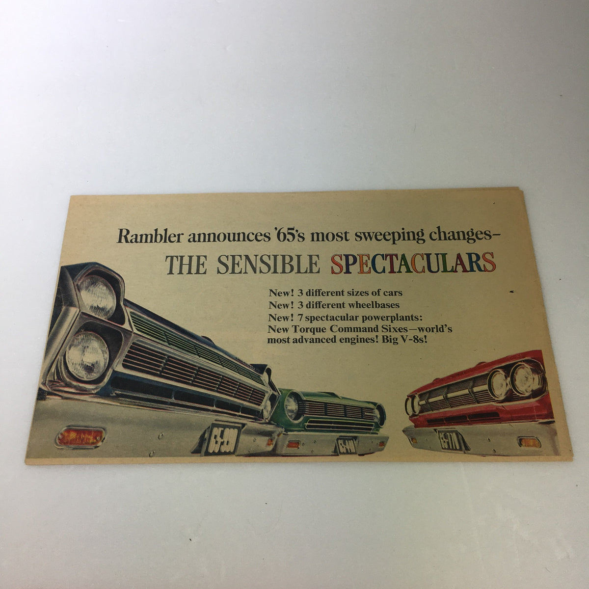 1965 Rambler Classic 770 Convertible Brochure showcasing the 'Sensible Spectaculars' with details on car sizes, wheelbases, and engines, perfect for collectors of vintage automotive history.