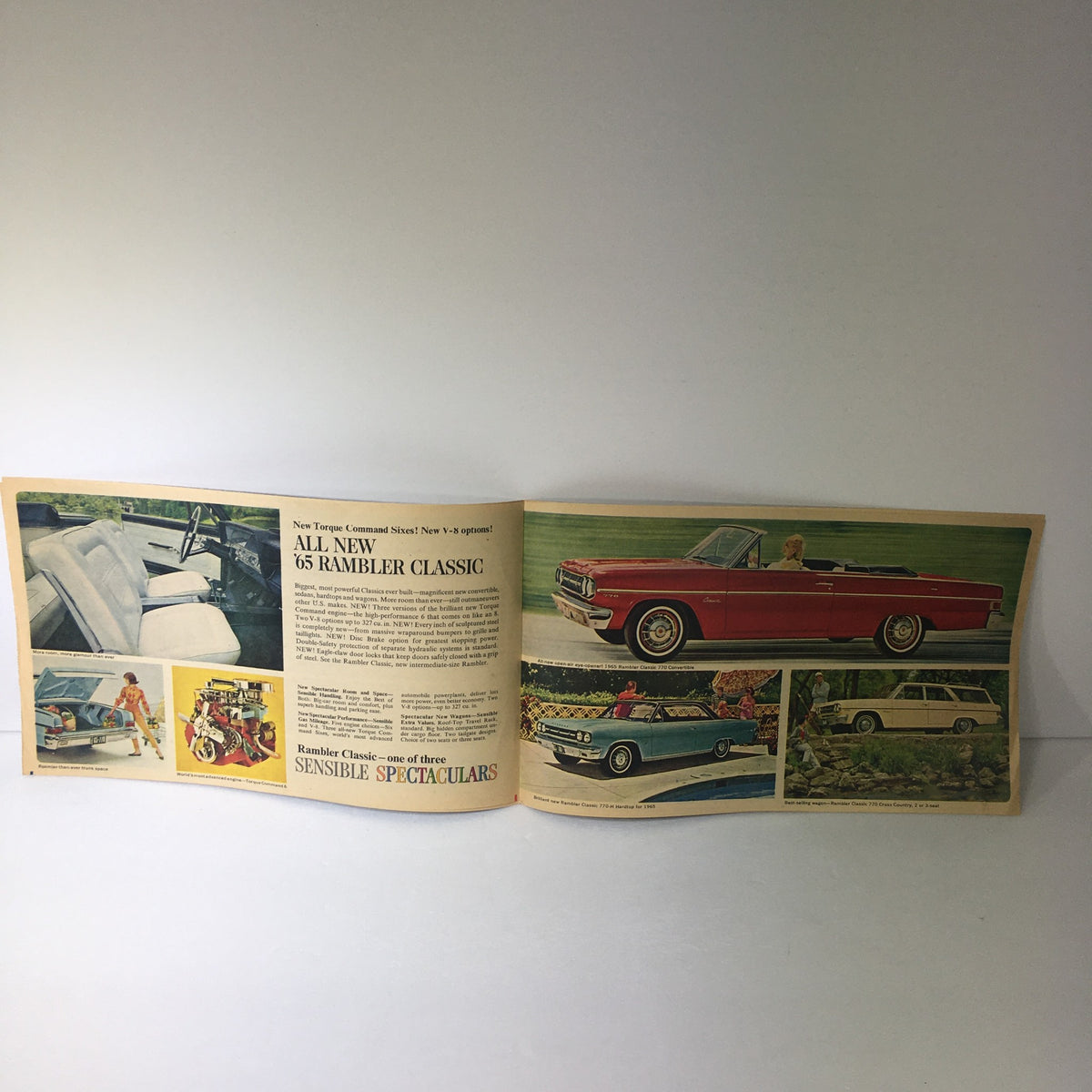 1965 Rambler Classic 770 Convertible Spectaculars Car Auto Brochure - Open view showcasing interior and exterior visuals of the Rambler vehicles.