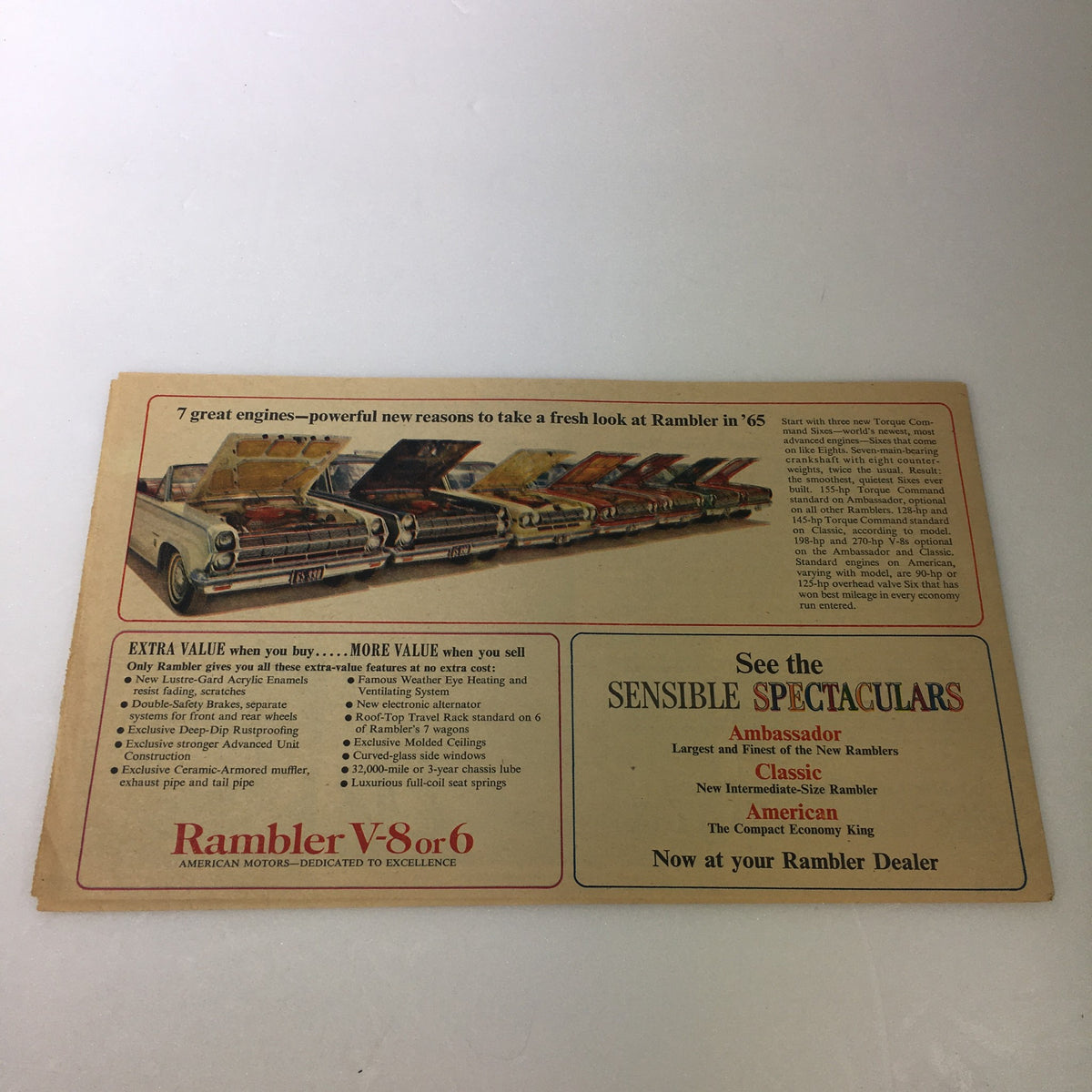1965 Rambler Classic 770 Convertible Spectaculars Car Auto Brochure - Back cover featuring promotional text and images regarding Rambler's V-8 engines and models.
